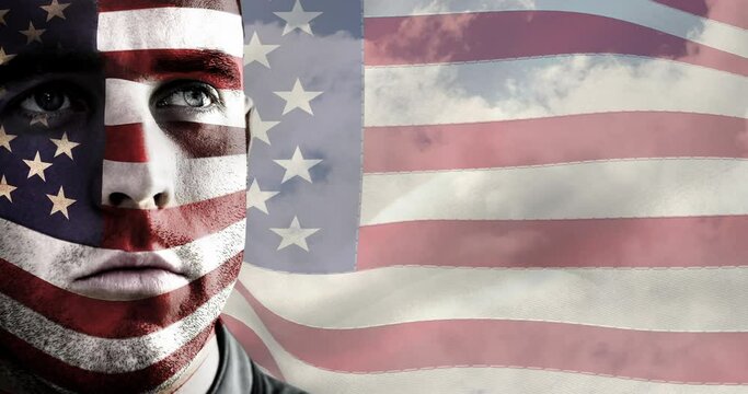 Animation of caucasian male soldier with american flag painted on his face over american flag