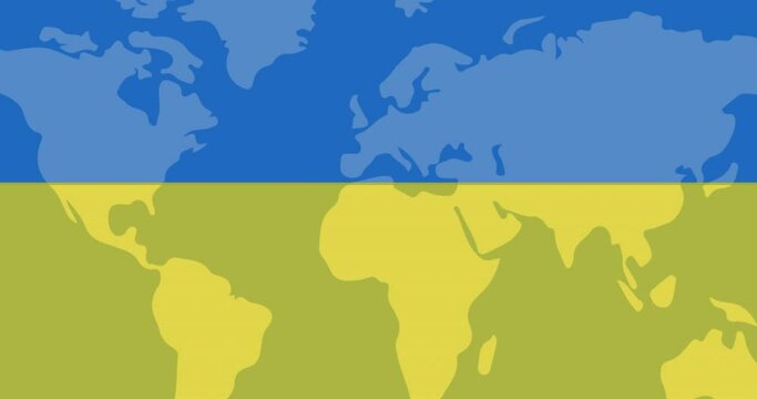 Animation of slava ukraini text over world map and ukraine flag