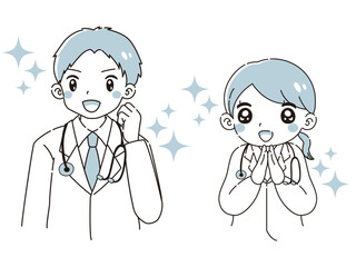ときめく白衣を着た男性と女性のイラストセット（聴診器付き）
