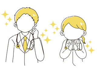 ときめく白衣を着た男性と女性のイラストセット（聴診器付き）
