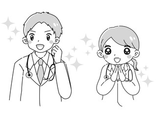 ときめく白衣を着た男性と女性のイラストセット（聴診器付き）