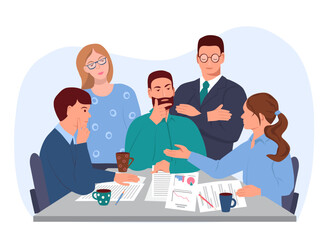 Men and women discuss business issues at the table. There are documents on the table. Colleagues solve work problems. Teamwork. Vector illustration, flat style
