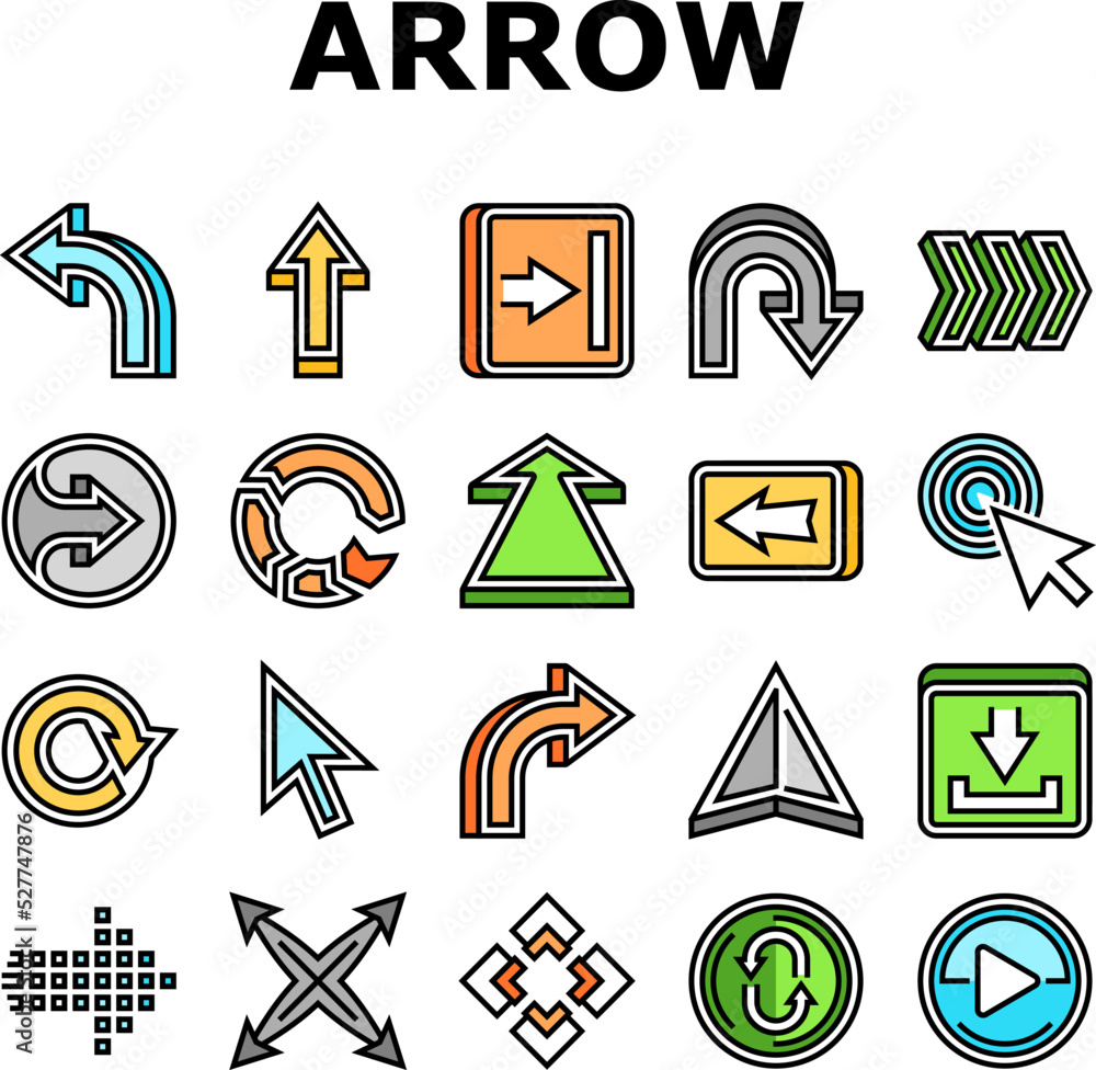Poster arrow right next sign up icons set vector. web direction, pointer, forward cursor, button digital or