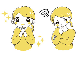 ときめきの表情と困っている表情の女性　イラストセット