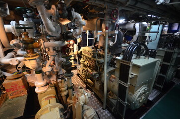 Fototapeta na wymiar Engine room of Japanese Sailing ship MIRAIE cruse. Miraie, formerly Akogare. was built in 1993 by the city of Osaka.