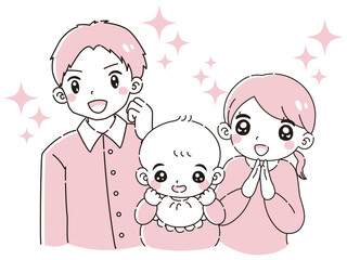 赤ちゃんのいる家族が喜んでいるイラスト