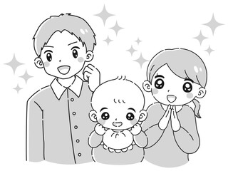 赤ちゃんのいる家族が喜んでいるイラスト