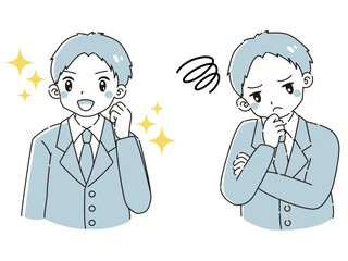 ときめきの表情と困っている表情のスーツを着た男性　イラストセット