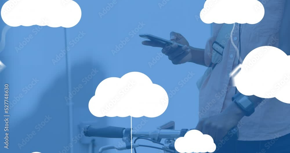Poster animation of clouds with electronic devices over caucasian man using smartphone