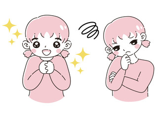 ときめきの表情と困っている表情の女の子　イラストセット