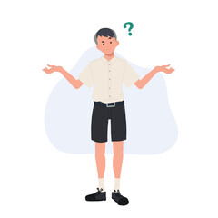 Full length of Thai student boy is confuse, don't understand. vector illustration