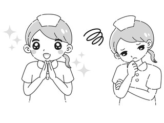 ときめきの表情と困っている表情の白衣を着た女性　イラストセット