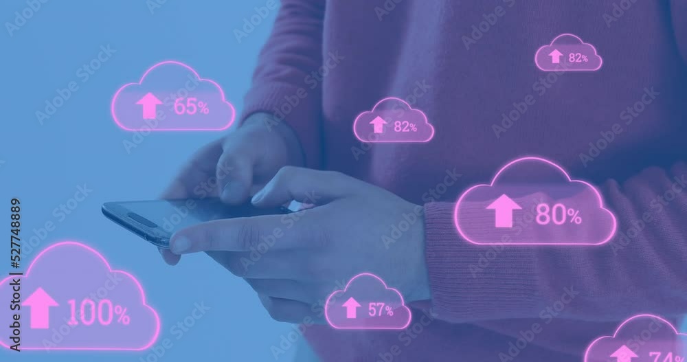 Poster animation of clouds with arrows and percent going up over caucasian man using smartphone