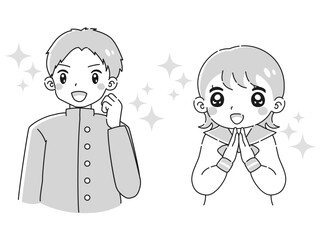 ガッツポーズをする学ランを着た男の子とときめくセーラー服の女の子　イラストセット