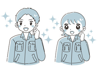 ガッツポーズをする作業服を着た男性と女性のイラストセット