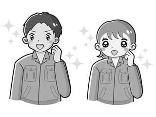 ガッツポーズをする作業服を着た男性と女性のイラストセット