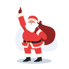 Happy Santa claus is carry a sack of gift is thumbs up. raise hand up. Vector illustration.