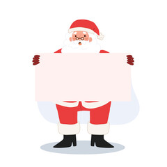 Santa claus is holding a blank banner. your text here. Merry christmas. Vector illustration.