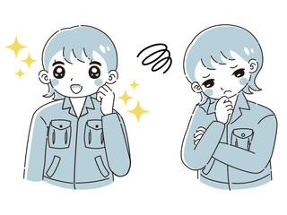 ときめきの表情と困っている表情の作業服を着た女性　イラストセット
