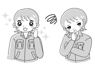 ときめきの表情と困っている表情の作業服を着た女性　イラストセット
