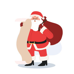 Santa claus is checking in check list paper while carrying a sack of gift box. Vector illustration.
