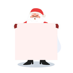 Santa claus is holding a blank banner. your text here. Merry christmas. Vector illustration.