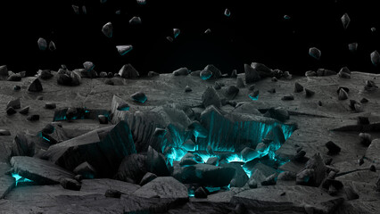 exploding fracturing rough ground with glowing blue lights with stone splitter on dark asphalt - 3d render of destruction of floor - obrazy, fototapety, plakaty