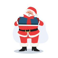 Happy Santa claus is giving gift box. Vector illustration.