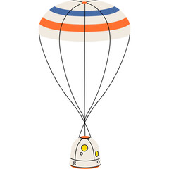 Capsule with parachute in png line flat style. Spacecraft or ship, scientific modern technology, astronomy, cosmos, return to Earth, ejection, mission. Trendy cartoon illustration sticker, icons. - obrazy, fototapety, plakaty