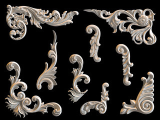 beautiful white stone vintage ornament decoration set - 3d render of vintage deco