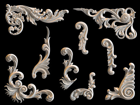 beautiful white stone vintage ornament decoration set - 3d render of vintage deco