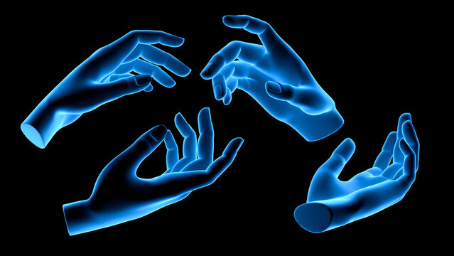 technological transparent set of hand or palm anatomy beautiful aesthetic pose - 3d illustration of hand set in x ray view from different angles and poses