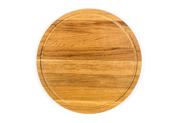 Empty round wooden plate isolated on white