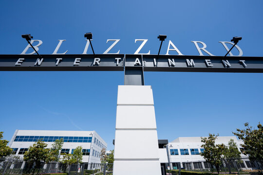 Irvine, CA, USA - May 7, 2022: The entrance sign at the headquarters of Blizzard Entertainment, Inc., a video game developer and publisher and a part of Activision Blizzard, in Irvine, California.