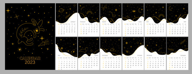 esoteric star calendar for 12 months of 2023. Black calendar with constellations and rabbit. Hare among the stars of the konepiya calendar