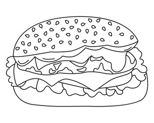 Hamburger. Bun, patty, tomato, cheese, salad greens, onions, sauce. Fast Food. Graphics. Cartoon. Vector. Close-up