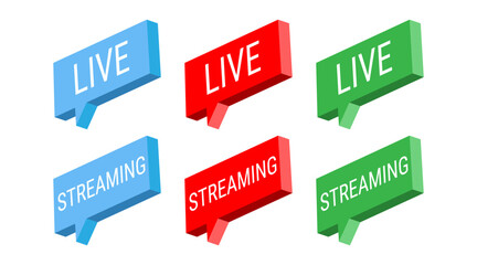 Blue red green live streaming. Isometric 3d vector buttons. Internet symbols online broadcasting icons on a white background.