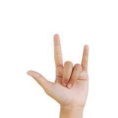 Close up Asian female hand show shaping a heart, love sign language, arm and hand isolated on a...