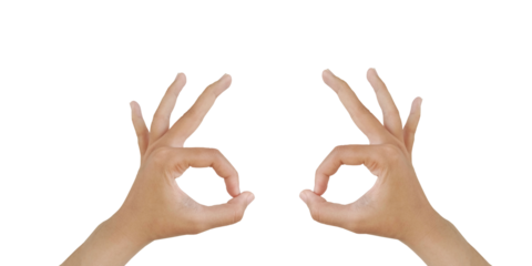 Close up Asian female hand show pinch gesture made, Ok sign finger arm and hand isolated on a white background copy space symbol language okay