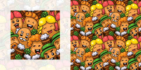 Oktoberfest seamless doodle pattern of people with hops and wooden beer mugs | Pattern swatch included