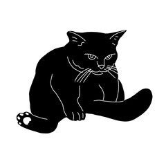 Black sad sitting cat silhouette isolated on white background. Cute kitty. Print design for t-shirts, stickers, souvenirs. humorous animals. Flat style in vector illustration.