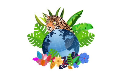 Leopard bihind earth globe. plants  flowers wildlife protect concept image