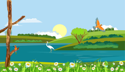 Blue river white heron green hills and plants vector countryside nature