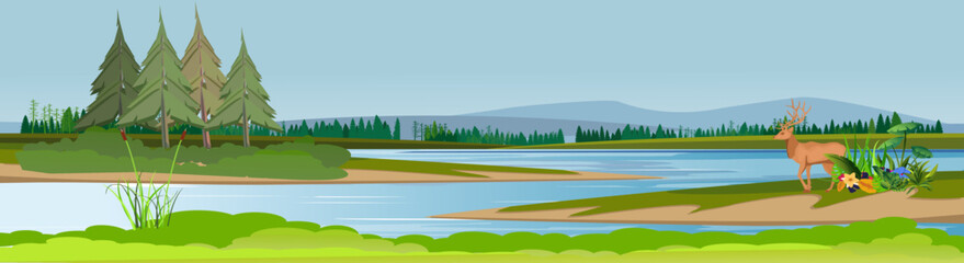 Banner horizontal image Blue river runs on steppe green hills and plants vector countryside nature
