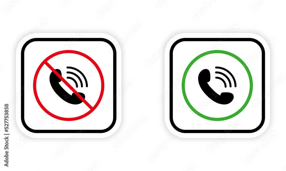 Poster handset call black silhouette icon set. accept talk allow area green circle symbol. not receive inco