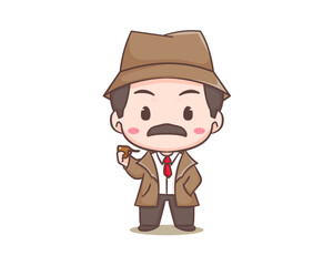 Cute detective cartoon mascot character. Chibi illustration vector art. Profession Icon Concept Isolated. Flat logo Cartoon Style