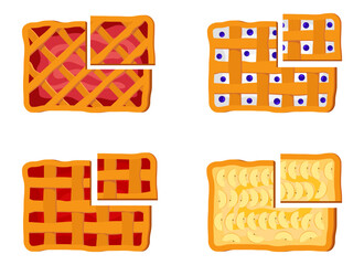 A set of cakes and pies.Fresh pastries top view with different flavors and fillings.Vector illustration.