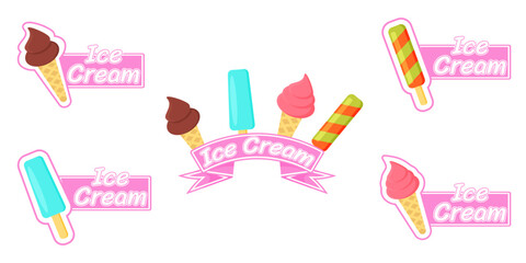 A set of ice cream stickers.Stickers with an inscription of different shapes.Vector illustration.