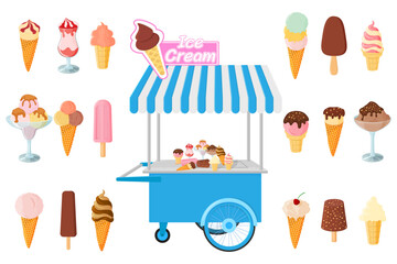 A set of ice cream.Different types of ice cream and a wheelbarrow for storing ice cream.Vector illustration.