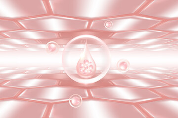 Hyaluronic acid hair and skin solutions ad, pink collagen serum drop into skin cells with cosmetic advertising background ready to use, illustration vector.